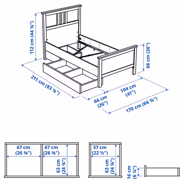 HEMNES Каркас кровати с 2 ящиками - схема-чертеж с размерами