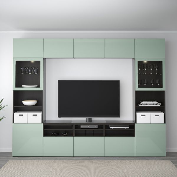 Шкаф для ТВ, комбинированный, стекляные дверцы, черно-коричневый Сельсвикен, глянцевый/серо-зеленый светлый прозрачное стекло, - фото 2