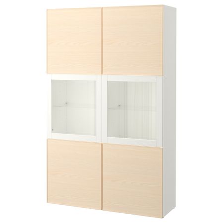 Комбинация для хранения со стеклянными дверцами БЕСТО, белый, Инвикен ясеневый шпон (120x40x192 см)