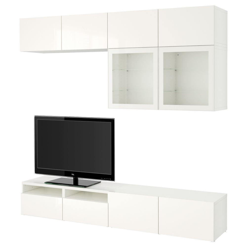Шкаф для ТВ, комбинированный, стекляные дверцы БЕСТО, белый, Сельсвикен глянцевый/белый прозрачное стекло (240x40x230 см) - фото 1