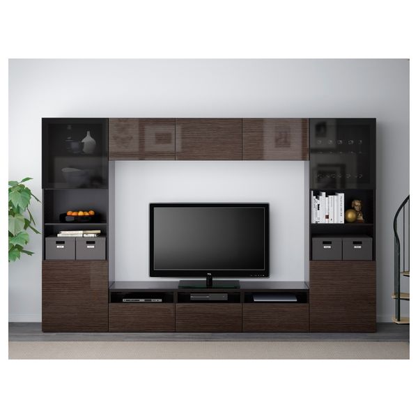 Шкаф для ТВ, комбинированный, стекляные дверцы БЕСТО, черно-коричневый, Сельсвикен глянцевый/коричневый дымчат стекло - фото 2