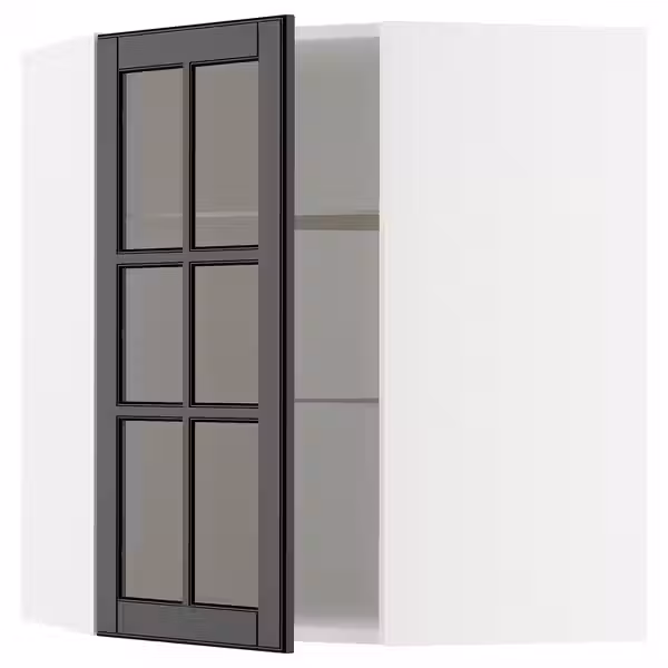 METOD Углов навесн шкаф с полками/сткл дв - белый/Bodbyn чёрный 68x80 см - фото 1