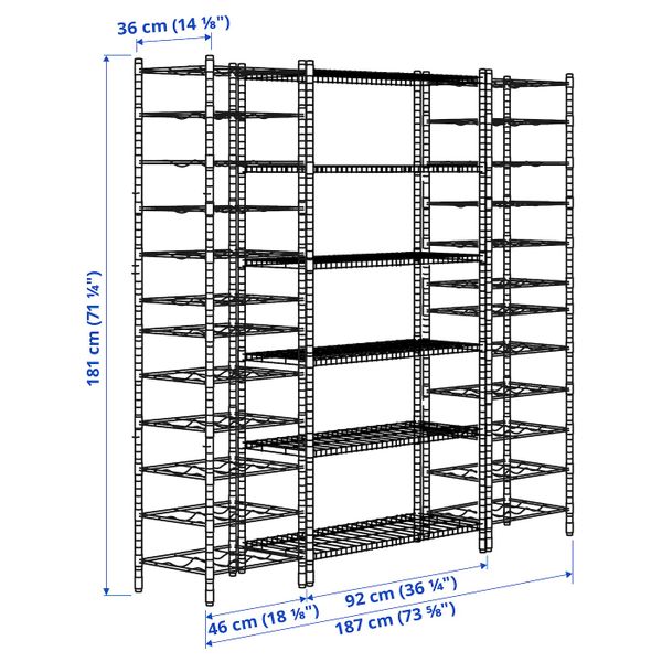 3 секции полок 187x36x181 см IKEA OMAR ОМАР 792.794.81 - схема-чертеж с размерами