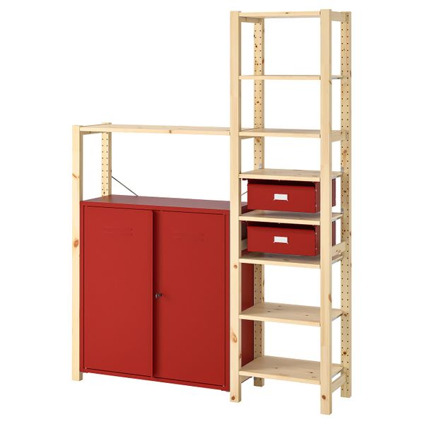 Стеллаж со шкафами/ящиками, сосна/красный 134x30x179 см IKEA IVAR ИВАР 393.034.97 - фото 1