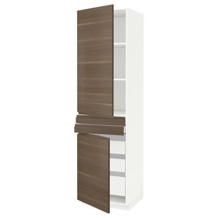 Высокий шкаф + полки, 5 ящиков, 2 дверцы, 2 фронтальных МЕТОД / МАКСИМЕРА, белый, Воксторп грецкий орех