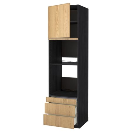 Высокий шкаф для духовки комбинированный, духовка + дверца, 3 ящика МЕТОД / ФОРВАРА, черный, Экестад дуб