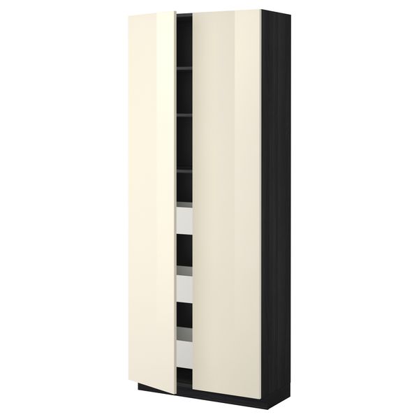 Высокий шкаф с ящиками, 2 дверцы МЕТОД / МАКСИМЕРА, черный, Рингульт кремовый (80x37x200 см) - фото 1