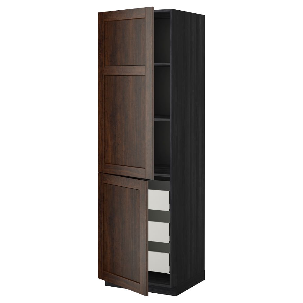 Высокий шкаф + полки, 3 ящика, 2 дверцы МЕТОД / МАКСИМЕРА, черный, Эдсерум коричневый - фото 1