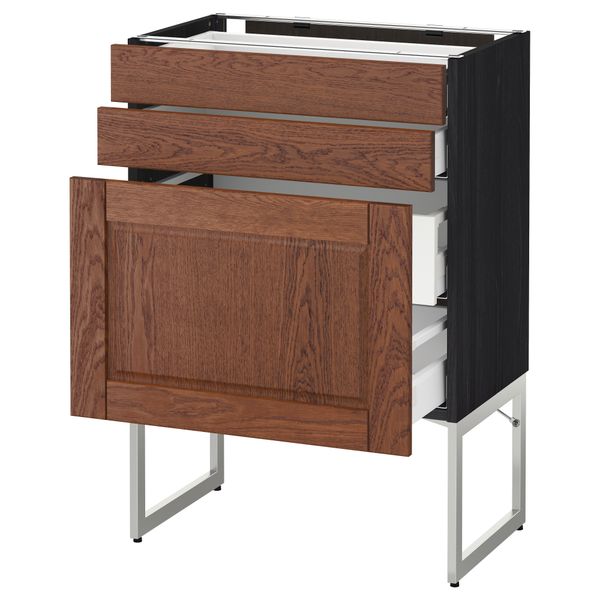 Напольный шкаф 3 фронтальных панели, 2 нижних, 2 средних ящика МЕТОД / МАКСИМЕРА, черный, Филипстад коричневый - схема-чертеж с размерами