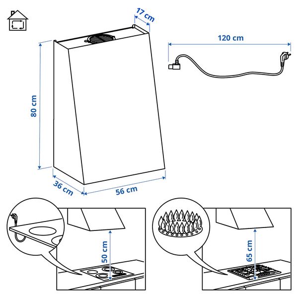FIVELSBO ФИВЕЛЬСБУ Вытяжка кухонная стен креп (колпак) - ИКЕА 300 белый 56 см - схема-чертеж с размерами