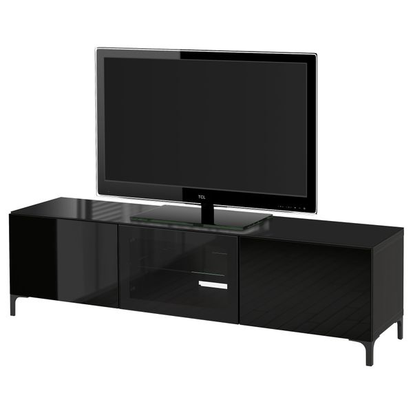 Тумба под ТВ, с дверцами БЕСТО, черно-коричневый, Сельсвикен глянцевый/черный прозрачное стекло (180x40x38 см) - фото 1