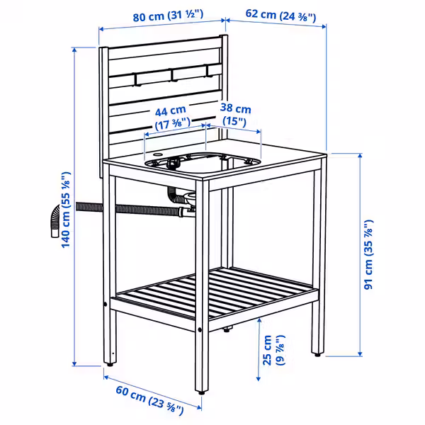 NÄMMARÖ Кухня с мойкой, для улицы - светло-коричневая морилка/нержавеющ сталь 80x62 см - схема-чертеж с размерами
