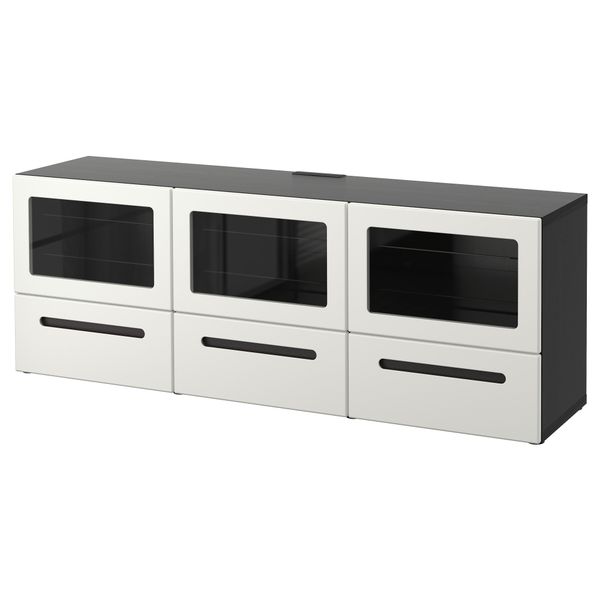 Тумба под ТВ, с дверцами и ящиками БЕСТО, черно-коричневый, Марвикен белый прозрачное стекло (180x40x64 см) - фото 1