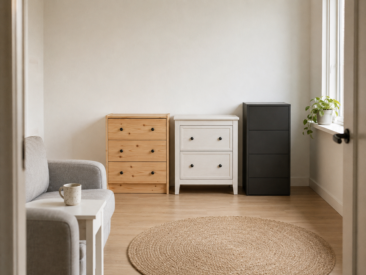 Три комода IKEA рядом: RAST из сосны, HEMNES с белой морилкой и NORDLI антрацит