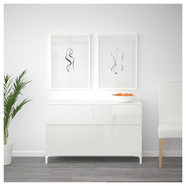 Комбинация для хранения с дверцами, ящиками БЕСТО, белый, Сельсвикен глянцевый/белый (120x42x74 см) - схема-чертеж с размерами