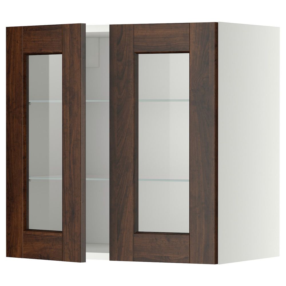 Навесной шкаф/полки/2стеклян двери, белый/Эдсерум коричневый 60x60 см IKEA METOD МЕТОД 394.464.15 - фото 1