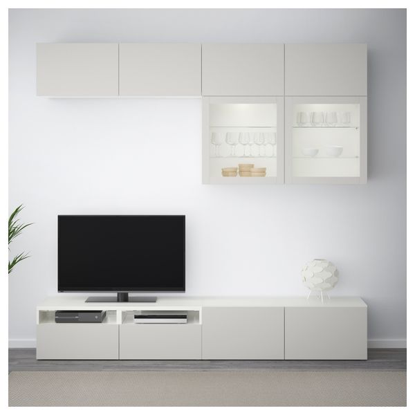 Шкаф для ТВ, комбинированный, стекляные дверцы БЕСТО, белый Лаппвикен, Синдвик светло-серый прозрачное стекло (240x40x230 см) - фото 2