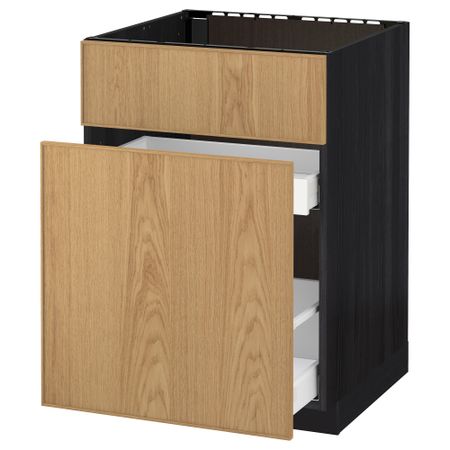 Напольный шкаф под мойку, сорт муcора, 1 дверца, 2 ящика МЕТОД / МАКСИМЕРА, черный, Экестад дуб (60x60 см)