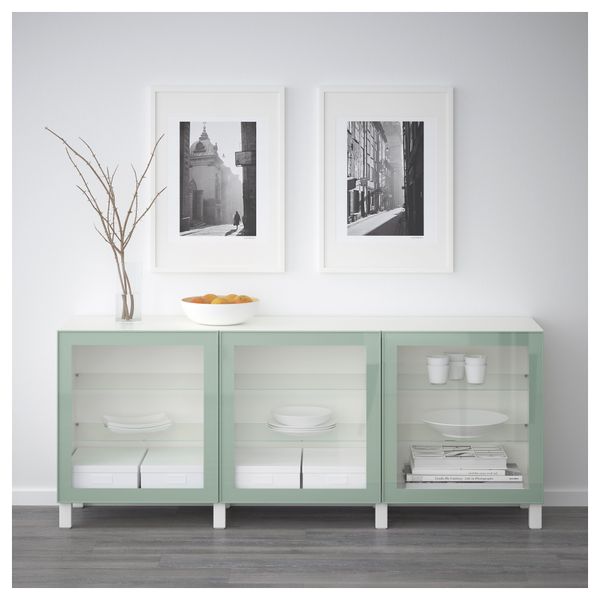 Комбинация для хранения с дверцами БЕСТО, белый Глассвик, глянцевый/серо-зеленый светлый прозрачное стекло (180x40x74 см) - схема-чертеж с размерами