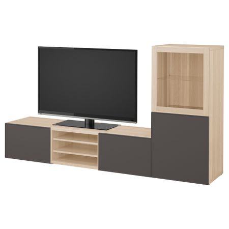 Шкаф для ТВ, комбинированный, стекляные дверцы БЕСТО, под беленый дуб Грундсвикен, темно-серый прозрачное стекло (240x40x128 см)