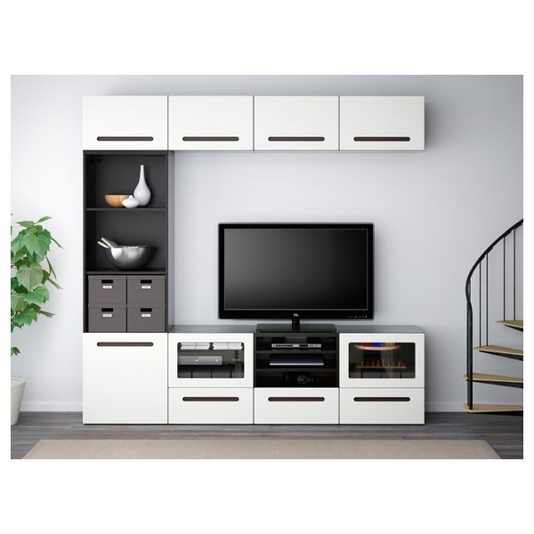 Шкаф для ТВ, комбинированный, стекляные дверцы БЕСТО, черно-коричневый, Марвикен белый прозрачное стекло (240x40x230 см) - фото 2