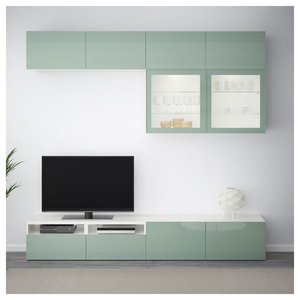 Шкаф для ТВ, комбинированный, стекляные дверцы БЕСТО, белый Сельсвикен, глянцевый/серо-зеленый светлый прозрачное стекло - фото 2