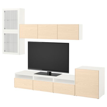 Шкаф для ТВ, комбинированный, стекляные дверцы БЕСТО, белый Синдвик, Инвикен ясеневый шпон (300x20/40x211 см)