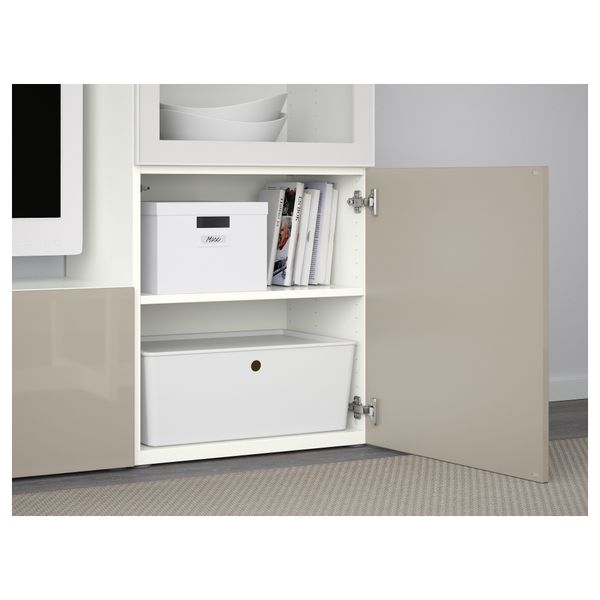 Шкаф для ТВ, комбинированный, стекляные дверцы БЕСТО, белый, Сельсвикен глянцевый/бежевый прозрачное стекло (240x40x128 см) - фото 3