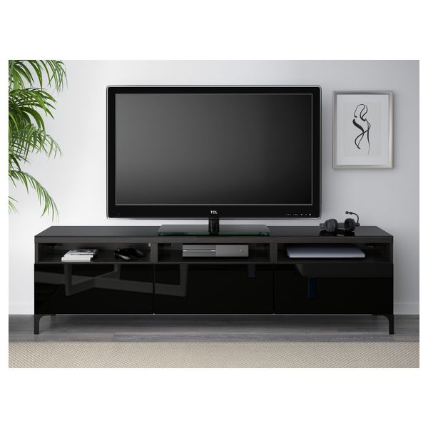 Тумба для ТВ с ящиками БЕСТО, черно-коричневый, Сельсвикен глянцевый/черный (180x40x48 см) - фото 2