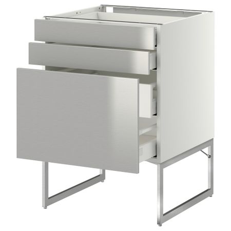 Напольный шкаф 3 фронтальных панели, 2 нижних, 2 средних ящика МЕТОД / МАКСИМЕРА, белый, Гревста нержавеющ сталь