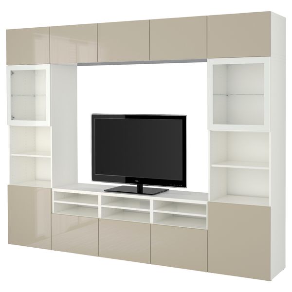 Шкаф для ТВ, комбинированный, стекляные дверцы БЕСТО, белый, Сельсвикен глянцевый/бежевый прозрачное стекло (300x40x230 см) - фото 1