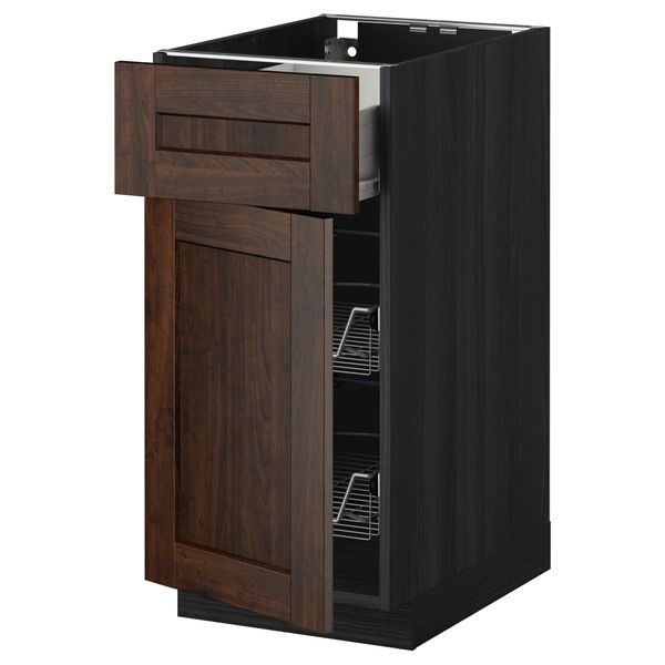 Напольный шкаф с проволочной корзиной, ящиком, дверью МЕТОД / ФОРВАРА, черный, Эдсерум коричневый - схема-чертеж с размерами