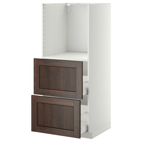 Высокий шкаф с 2 ящиками для/духовки, белый/Эдсерум коричневый 60x60x140 см IKEA METOD МЕТОД / MAXIMERA МАКСИМЕРА 992.378.76 - фото 1