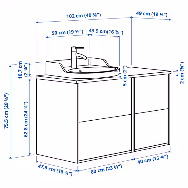TÄNNFORSEN ТАННФОРСЕН / RUTSJÖN РУТШЁН Шкаф п-раковину/раковина/смеситель - схема-чертеж с размерами