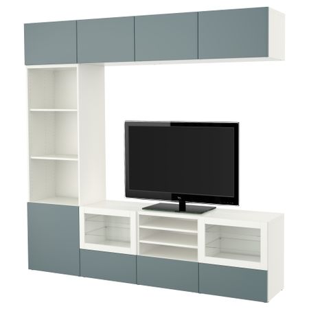 Шкаф для ТВ, комбинированный, стекляные дверцы БЕСТО, белый, Вальвикен серо-бирюзовый, прозрачное стекло (240x40x230 см)