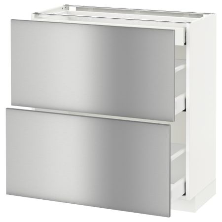 Напольный шкаф, 2 фасада, 3 ящика МЕТОД / МАКСИМЕРА, белый, Гревста нержавеющ сталь