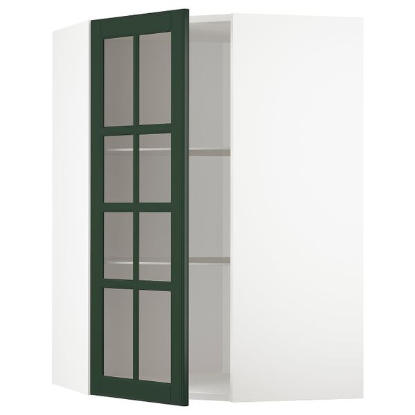 Угловой навесной шкаф с полками, стекляными дв, белый/Будбин темно-зеленый 68x100 см IKEA METOD МЕТОД 793.123.29 - фото 1