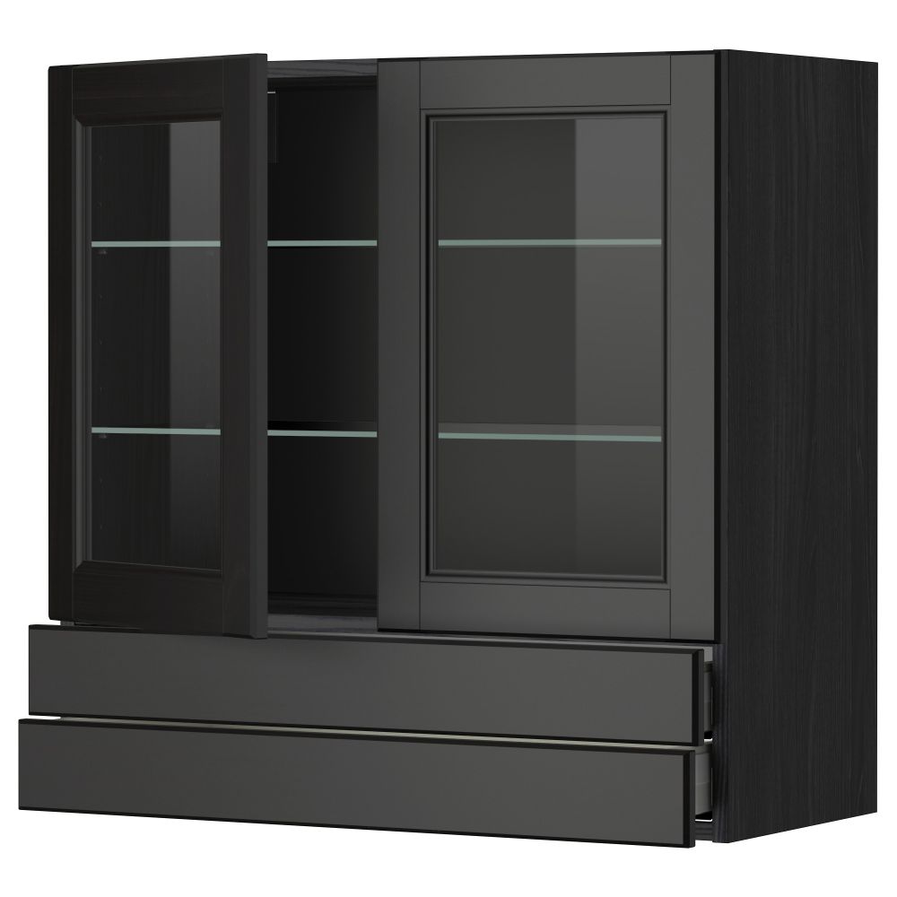 Навесной шкаф, 2 стеклянные дверцы, 2 ящика МЕТОД / МАКСИМЕРА, черный, Лаксарби черно-коричневый - фото 1
