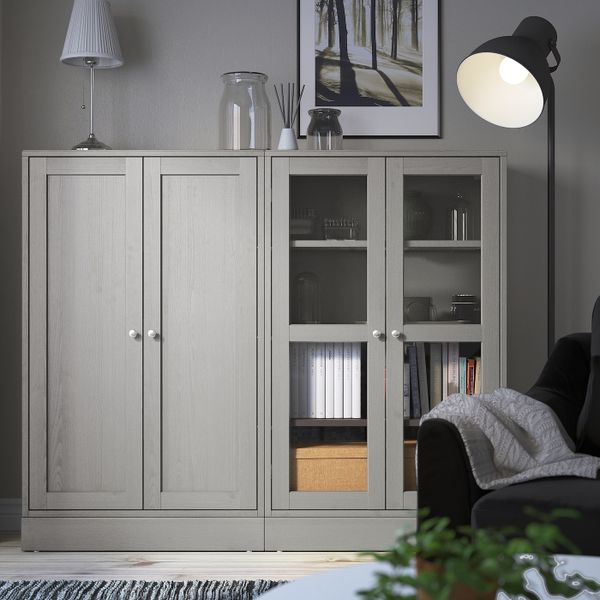 Комбинация для хранения с стеклянная двр, серый 162x37x134 см IKEA HAVSTA ХАВСТА 892.660.58 - схема-чертеж с размерами