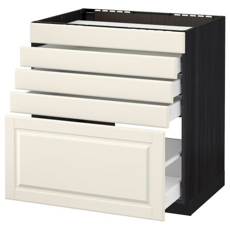 Напольный шкаф для варочной панели, 5 фасадов, 4 ящиков МЕТОД / МАКСИМЕРА, черный, Будбин белый с оттенком