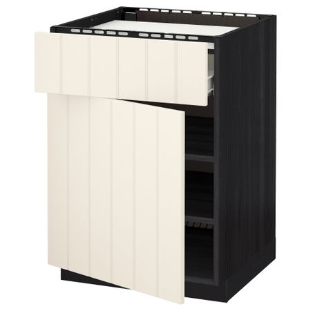 Напольный шкаф для варочной панели, ящик, полка, дверцы МЕТОД / ФОРВАРА, черный, Хитарп белый с оттенком (60x60 см)