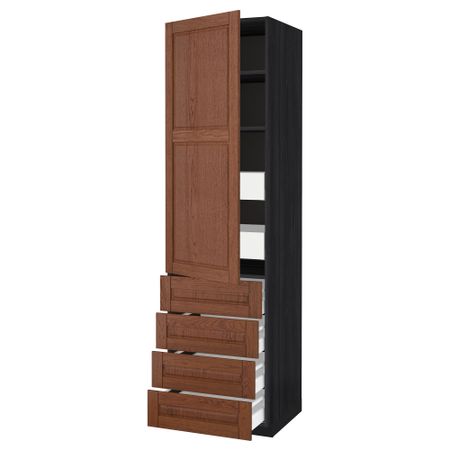 Высокий шкаф с полками/6 ящик, дверцами, 4 фронтальные панели МЕТОД / МАКСИМЕРА, черный, Филипстад коричневый