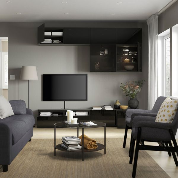 Шкаф для ТВ, комбинированный, стекляные дверцы, черно-коричневый/Сельсвикен глянцевый, черный дымчатое стекло 240x42x231 см IKEA - фото 2