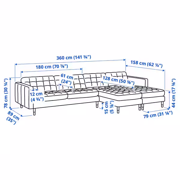 LANDSKRONA 5-местный диван - схема-чертеж с размерами