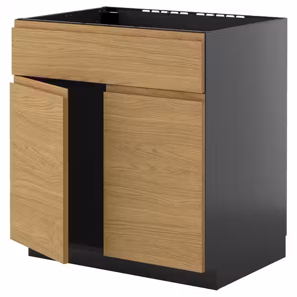METOD Шкаф под мойку/2 двери/фасад - черно-серый/Voxtorp под дуб 80x60 см - фото 1