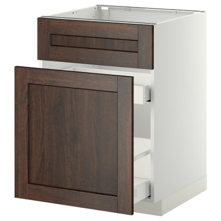 Напольный шкаф под мойку, сорт муcора, 1 дверца, 2 ящика МЕТОД / МАКСИМЕРА, белый, Эдсерум коричневый (60x60 см)