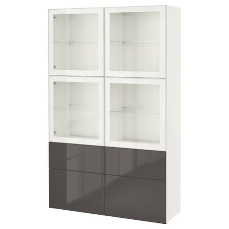 Комбинация для хранения со стеклянными дверцами БЕСТО, белый, Сельсвикен глянцевый/серый прозрачное стекло (120x40x192 см)
