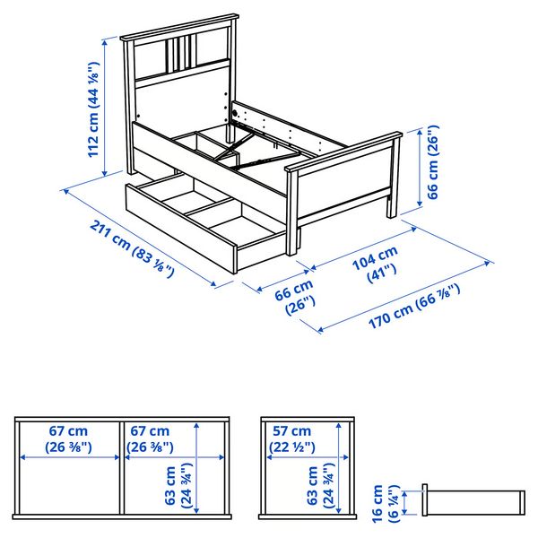 HEMNES Каркас кровати с 2 ящиками - схема-чертеж с размерами