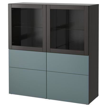 Комбинация для хранения со стеклянными дверцами БЕСТО, черно-коричневый, Вальвикен серо-бирюзовый, прозрачное стекло (120x40x128