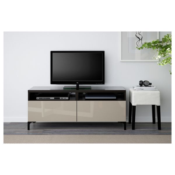 Тумба для ТВ с ящиками БЕСТО, черно-коричневый, Сельсвикен глянцевый/бежевый (120x40x48 см) - фото 2